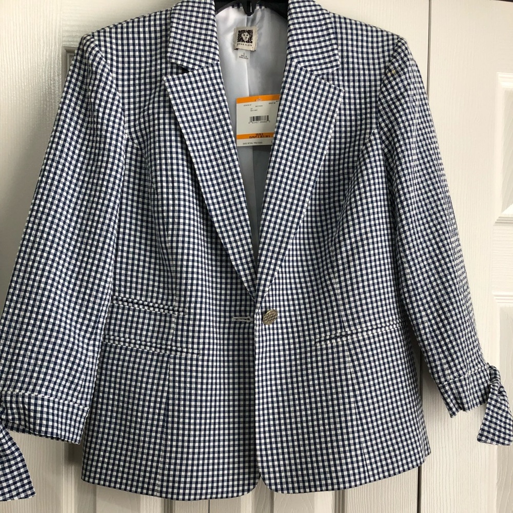 Anne Klein Blazer Jacket: Blue Checkered/Gingham